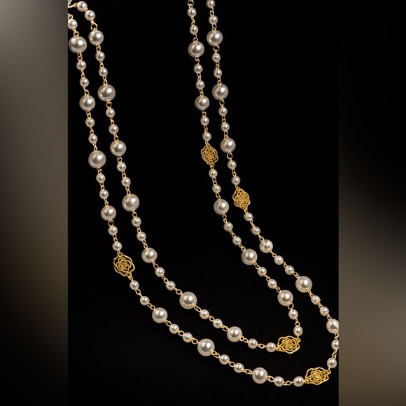 Long Cascading Gold & Pearl Necklace